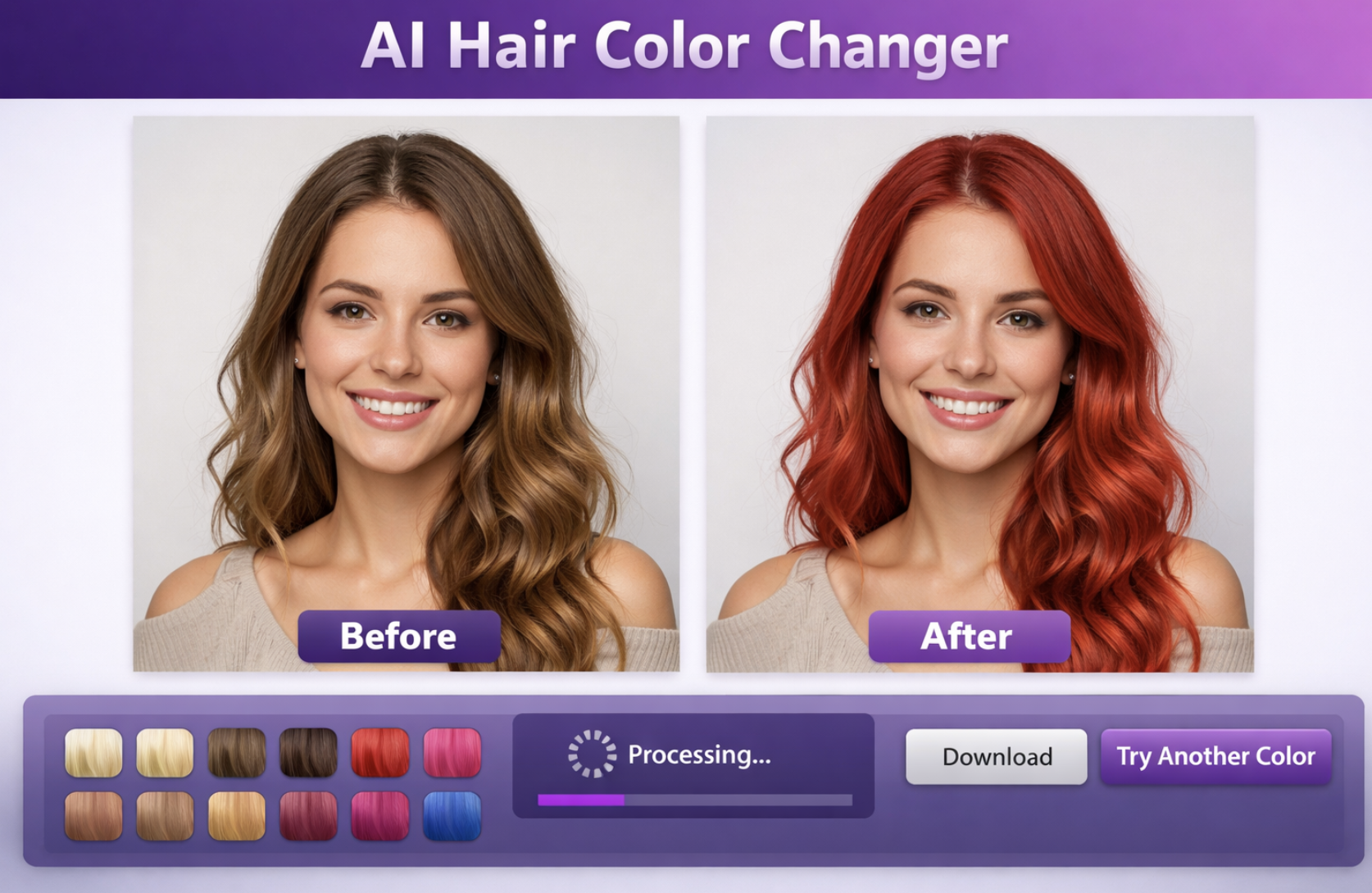 AI hair color changer app interface showing realistic hair shade testing on a portrait