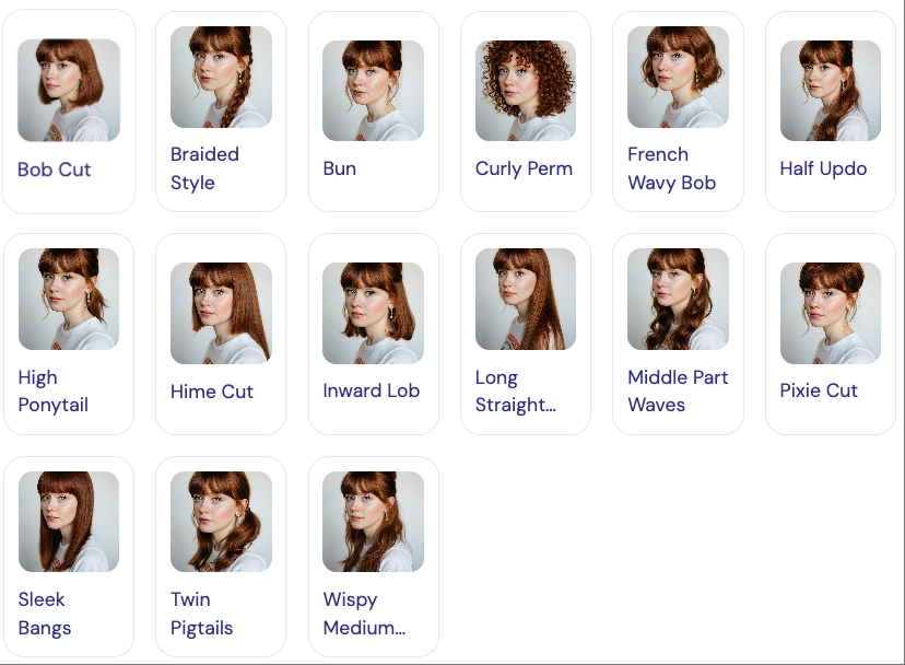 Preview grid of diverse hairstyle choices used to compare how cuts affect the same hair color direction
