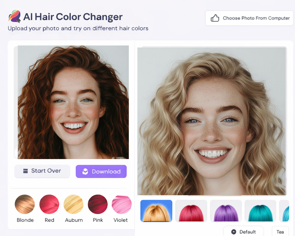 Online hair color filter demo showing a photo transformed with multiple digital shades