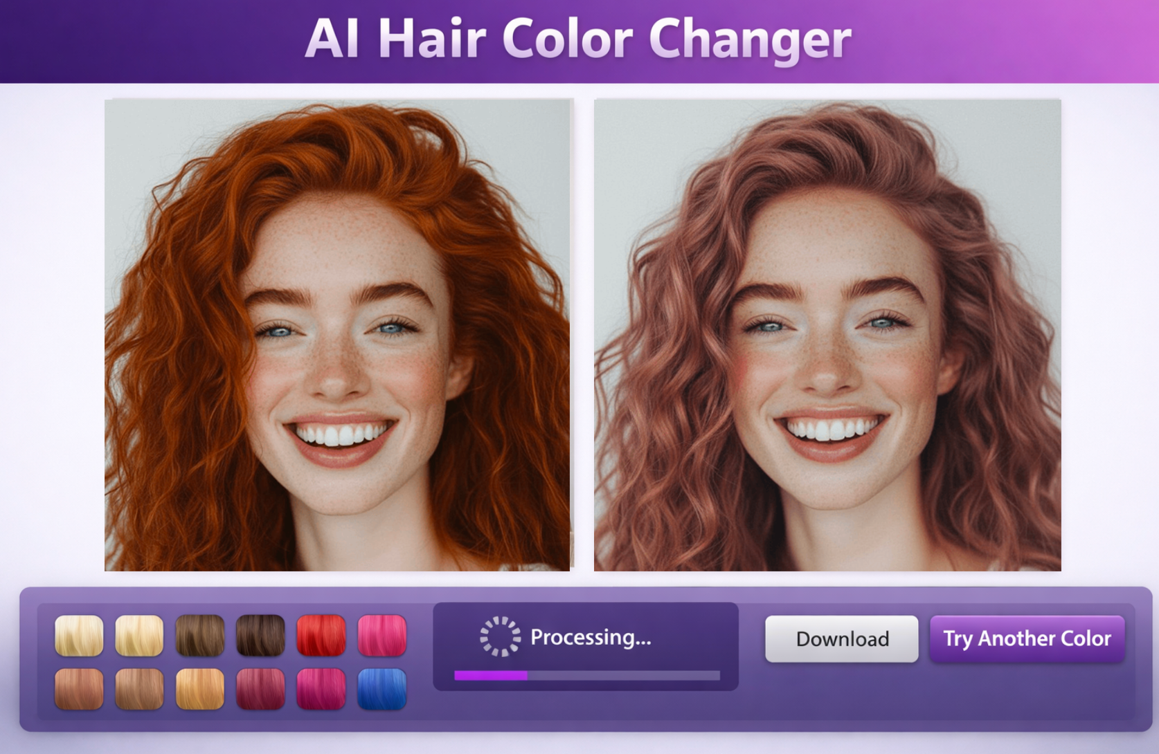 Online virtual hair color tool showing multiple shade options on a single uploaded portrait