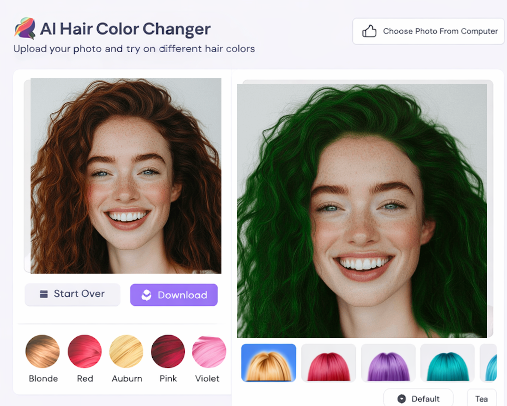 Virtual hair color tool preview showing realistic shade testing on a portrait